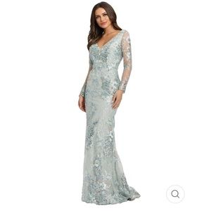 NWT EMBELLISHED V NECK ILLUSION LONG SLEEVE GOWN